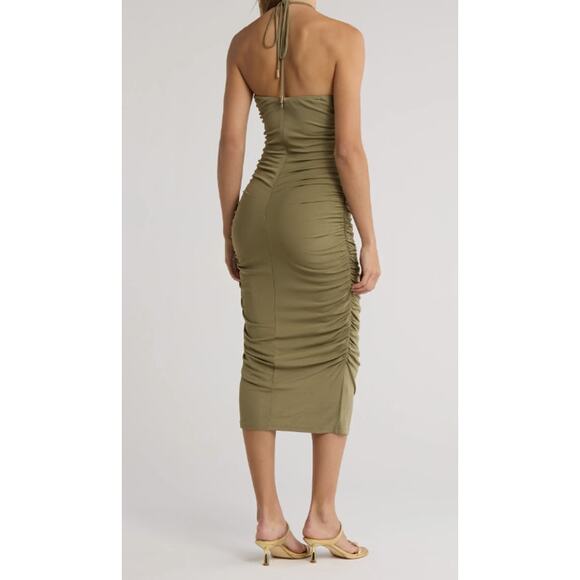 Cult Gaia Calian Ruched Halter Bodycon Dress Green Tea Gold Tone Hardware Large - Picture 2 of 8